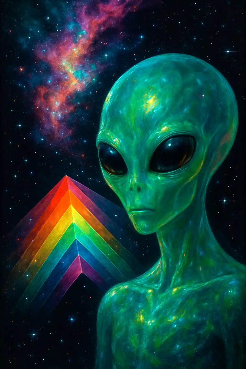 Close up alien beneath a geometric cosmic rainbow