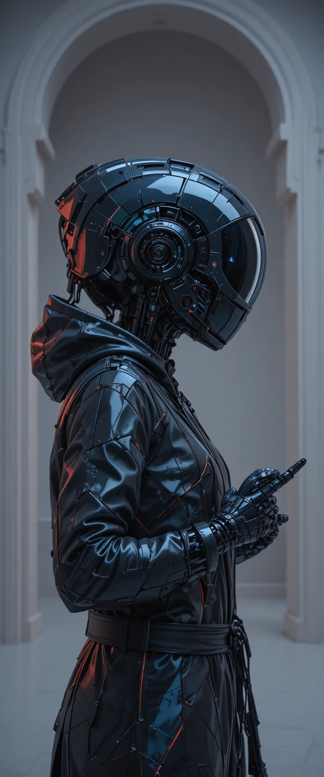Black hooded robot portrait in neon futuristic style