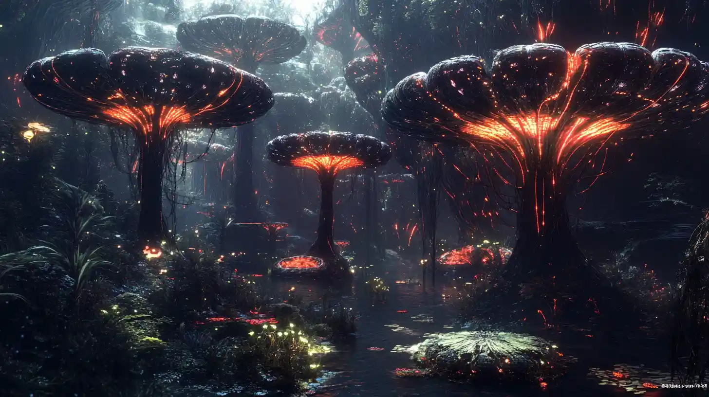 Vast alien garden of glowing intelligent flower structures