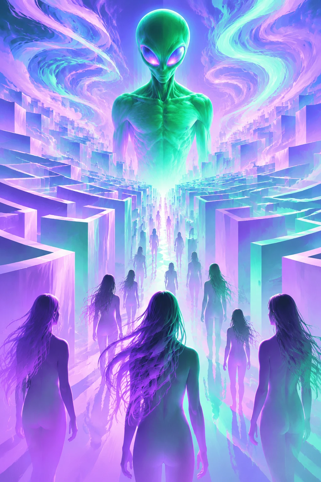 Ethereal Figures Before A Pastel Maze And Giant Green Alien
