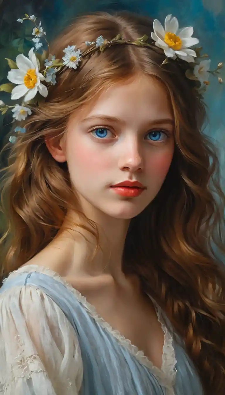 Impressionist portrait of a freckled girl with red braids