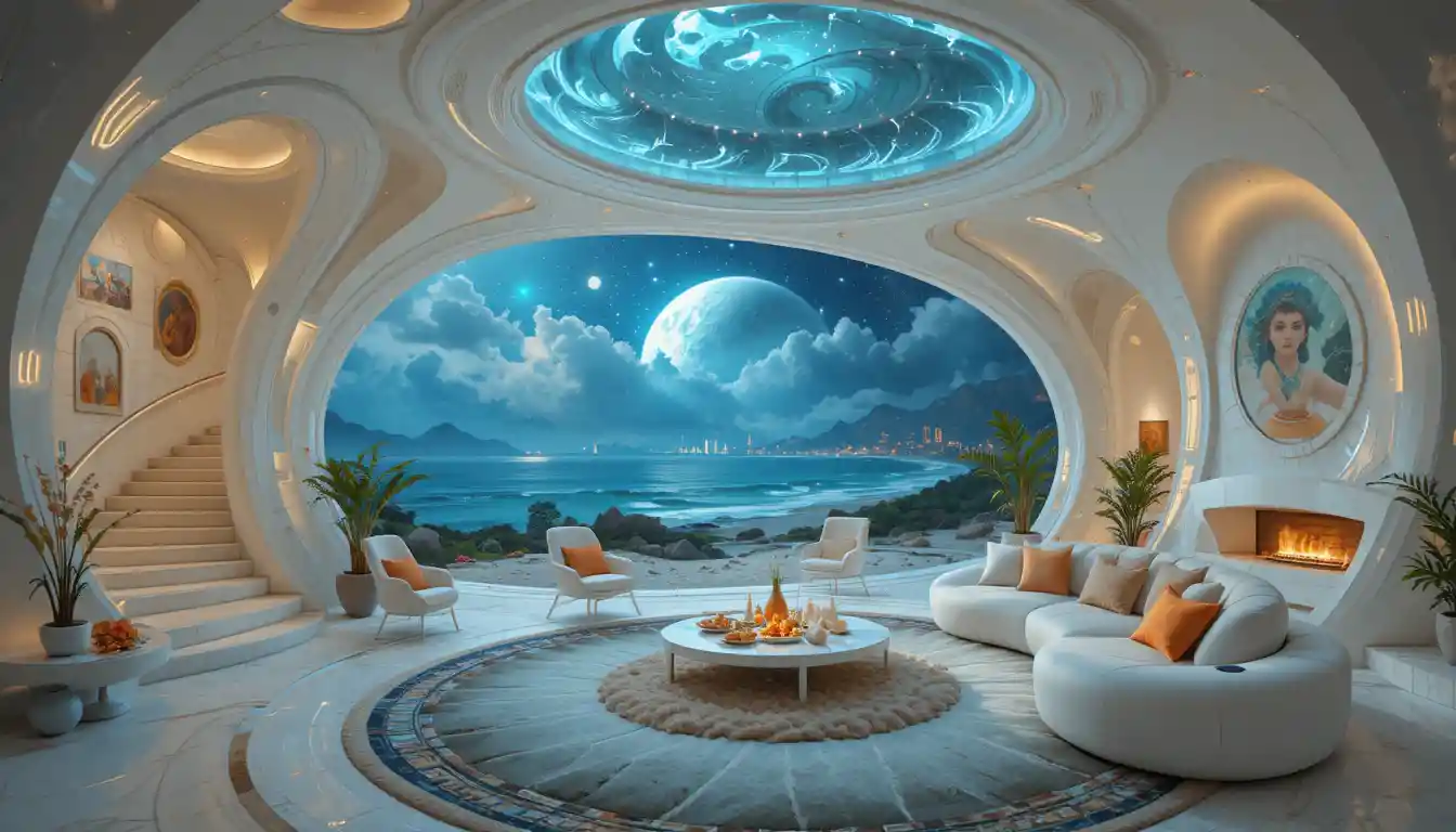Futuristic organic house by the ocean with garden party