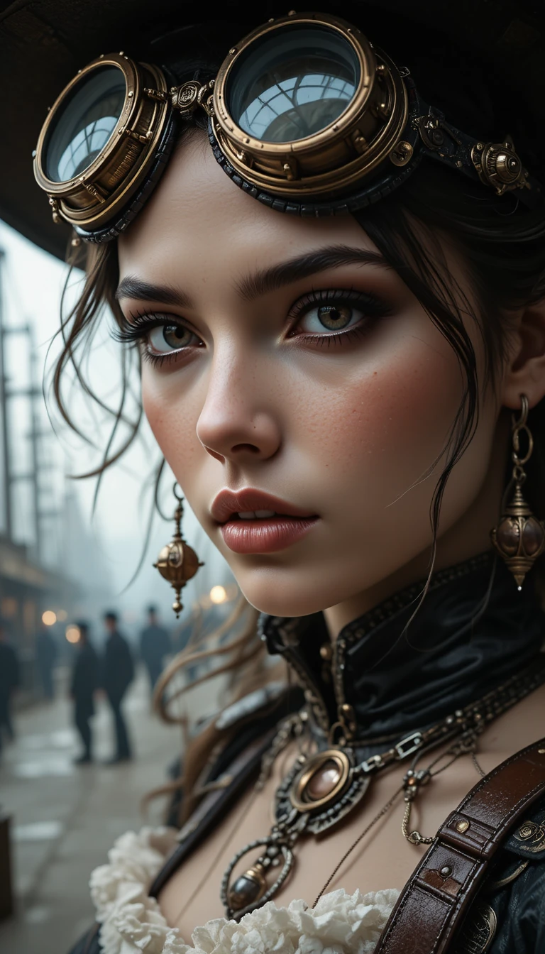Steampunk woman close up at a victorian airship dock
