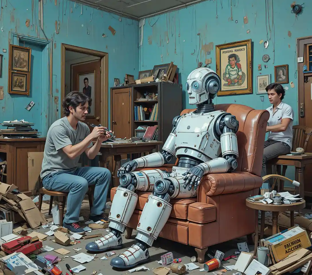 Worn metal robot sitting in a decayed living room