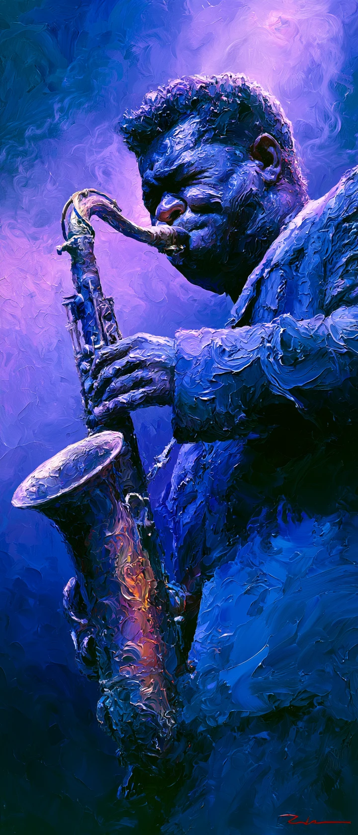 Passionate jazz musician portrait in textured impasto painting