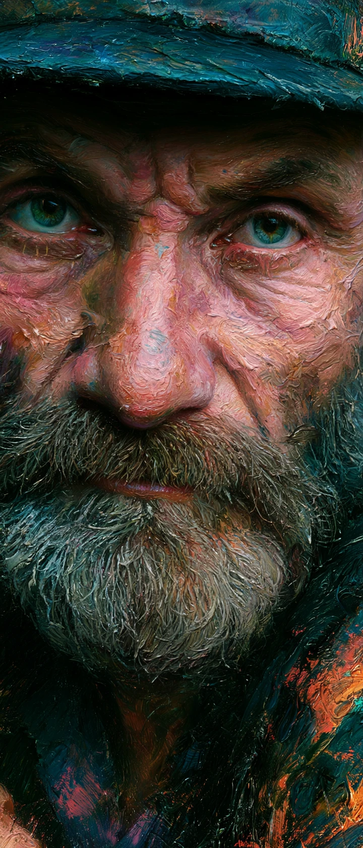 Weathered fisherman portrait under a dramatic stormy sky
