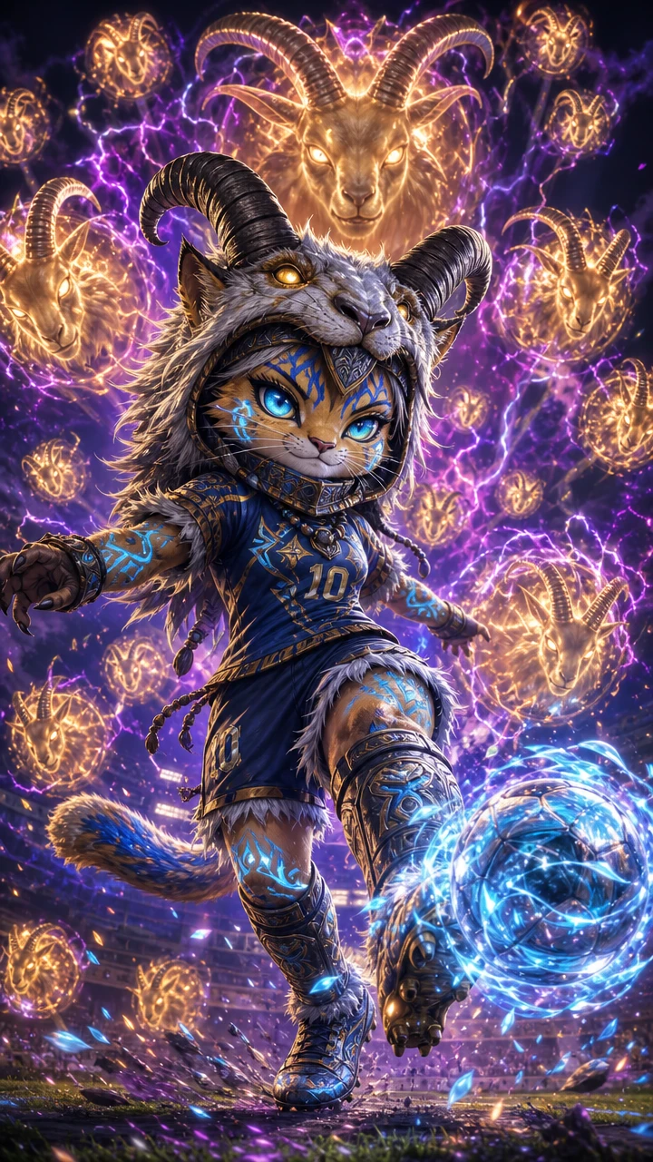 Anthro feline soccer warrior in dramatic low angle stadium scene
