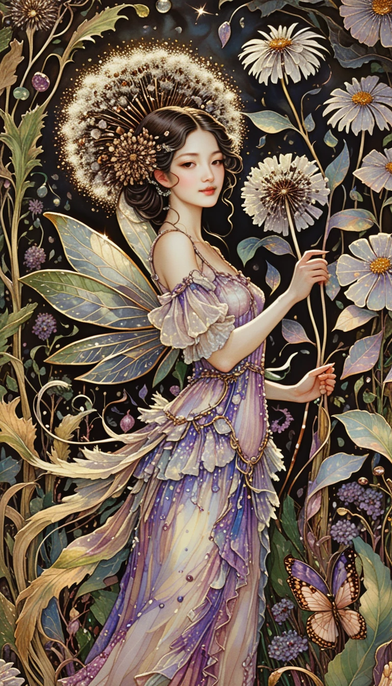 Joyful flower fairy beside a towering dandelion bloom