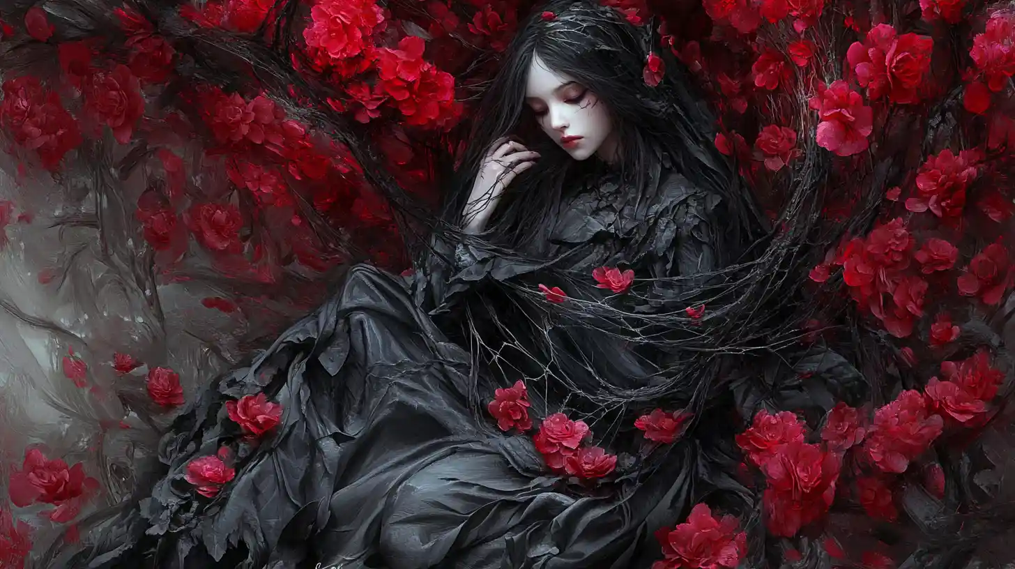 Haunting woman in thorned floral web of black petals