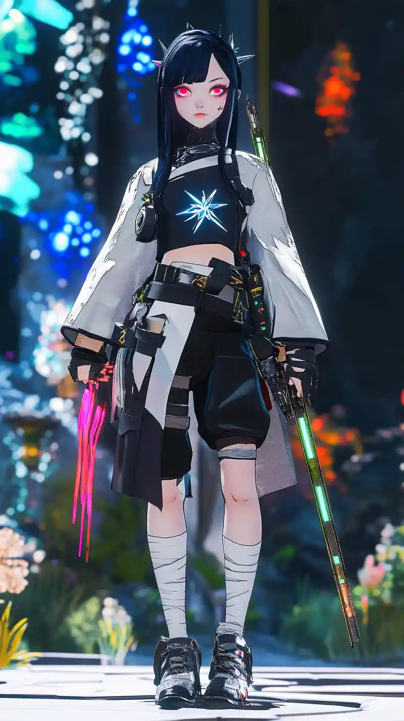 Joyful fantasy girl walking through a glowing crystal forest