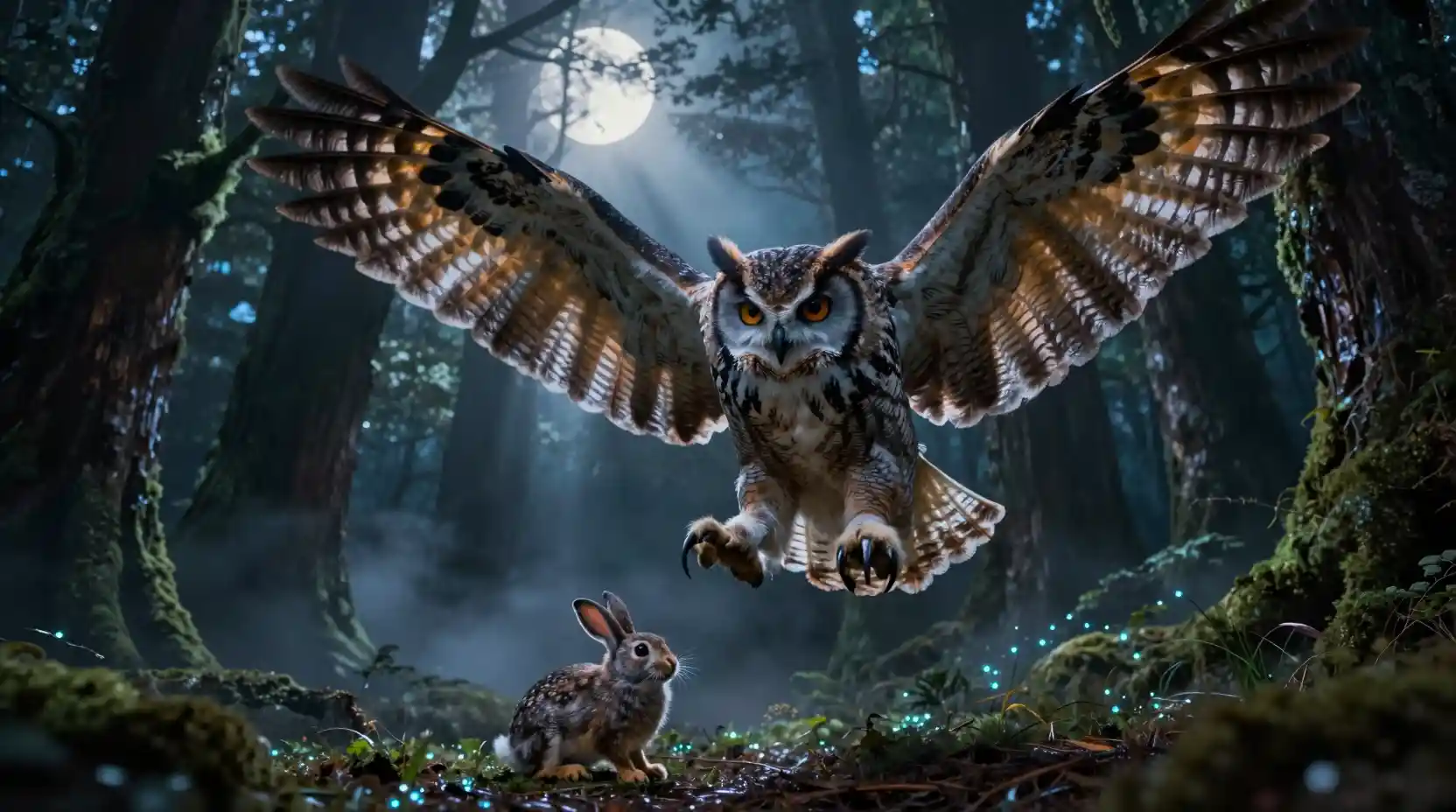 Gufo gigante in caccia che si tuffa nel cielo notturno della foresta illuminato dalla luna