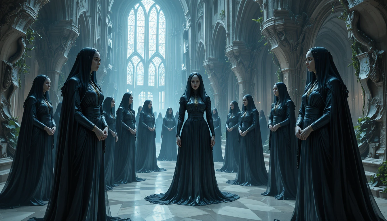 Latex priestesses in a living bioluminescent cathedral