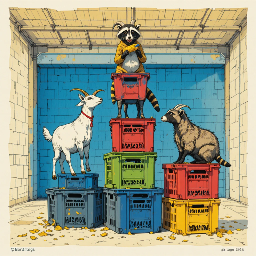 Goats Balancing On Colorful Crates In A Bright Garage