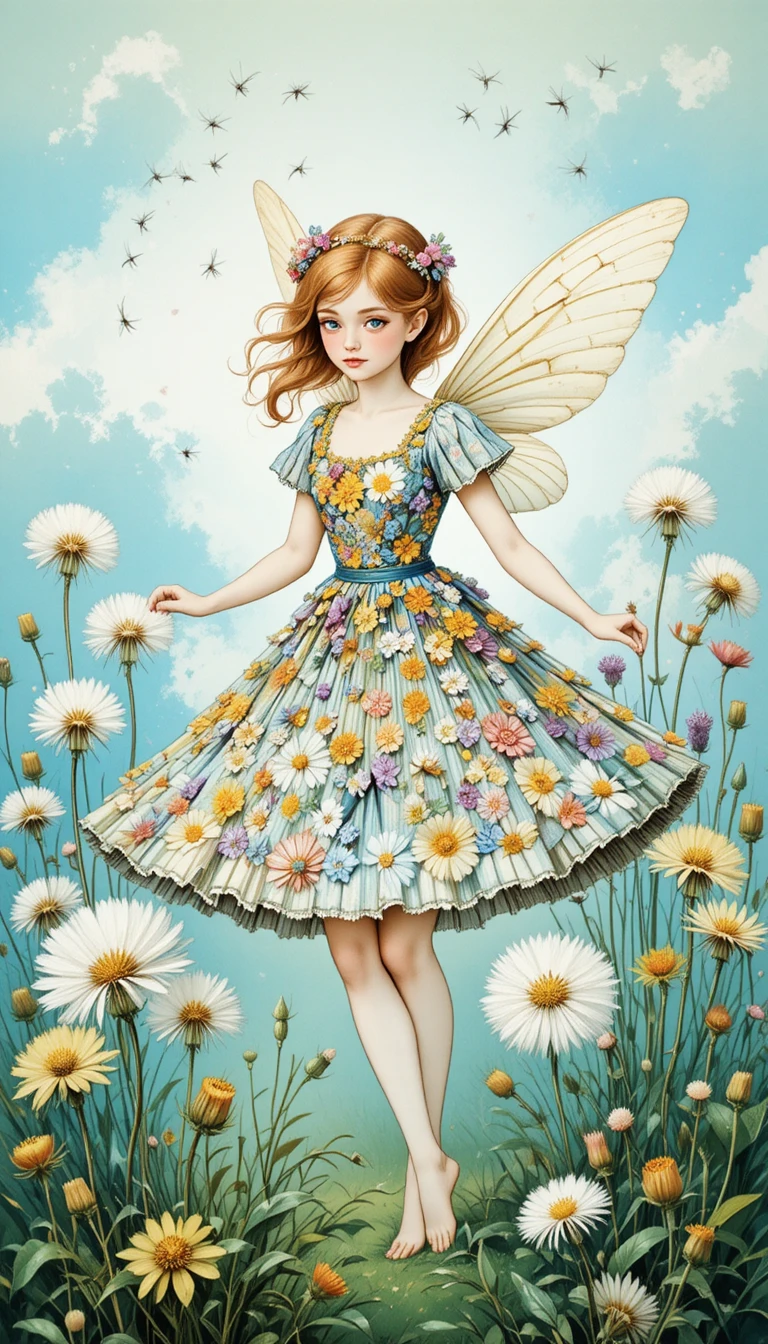 Dandelion fairy girl in a floral dress against blue sky