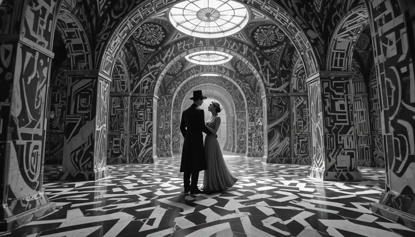 Abstract labyrinth interior with psychedelic patterned architecture