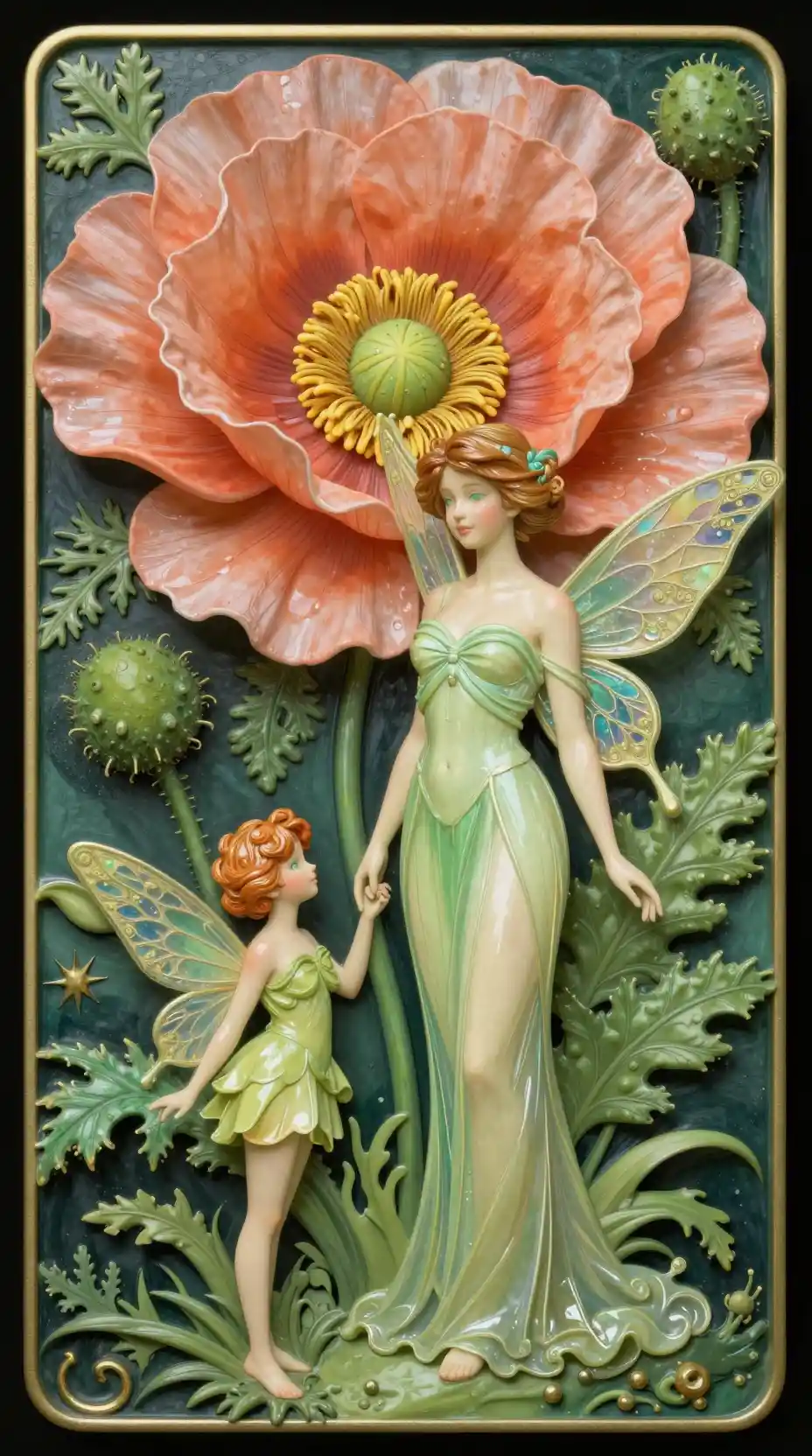 Joyful flower fairy beside a giant poppy blossom