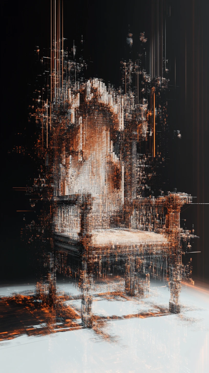 Antique chair breaking into vibrant voxel fragments in motion