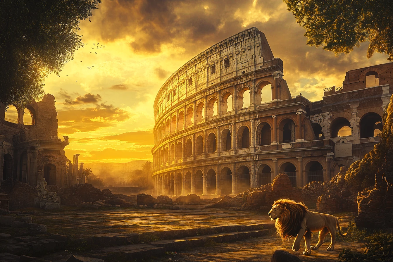 Lions Roaming Inside An Ancient Roman Coliseum At Sunset