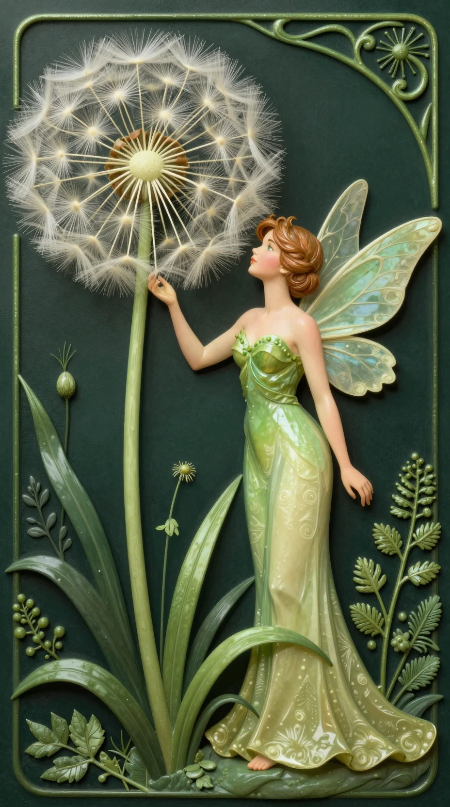 Joyful flower fairy beside a towering dandelion bloom