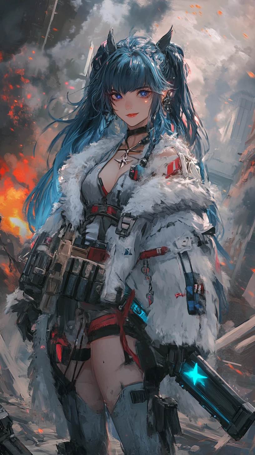 Ragazza anime con outfit futuristico in una zona di guerra in rovina