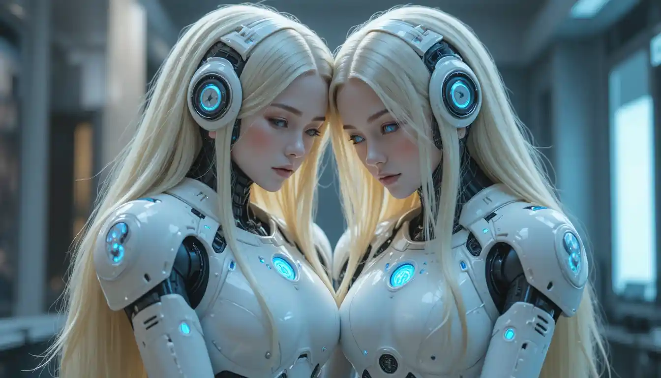 Two embracing female robots with glowing chest clocks