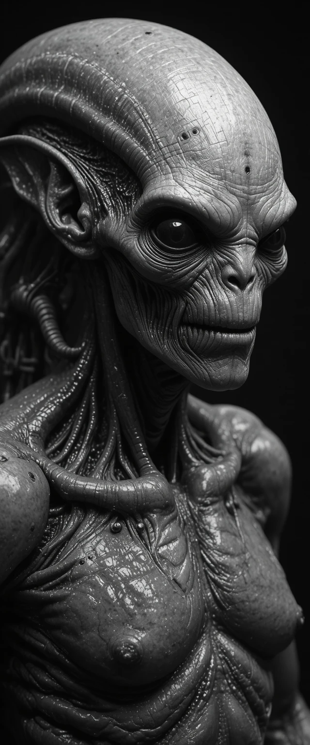 Black and white portrait of a shrimp like sci fi alien