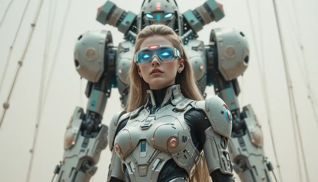 Woman in mecha robot outfit approaching giant machine