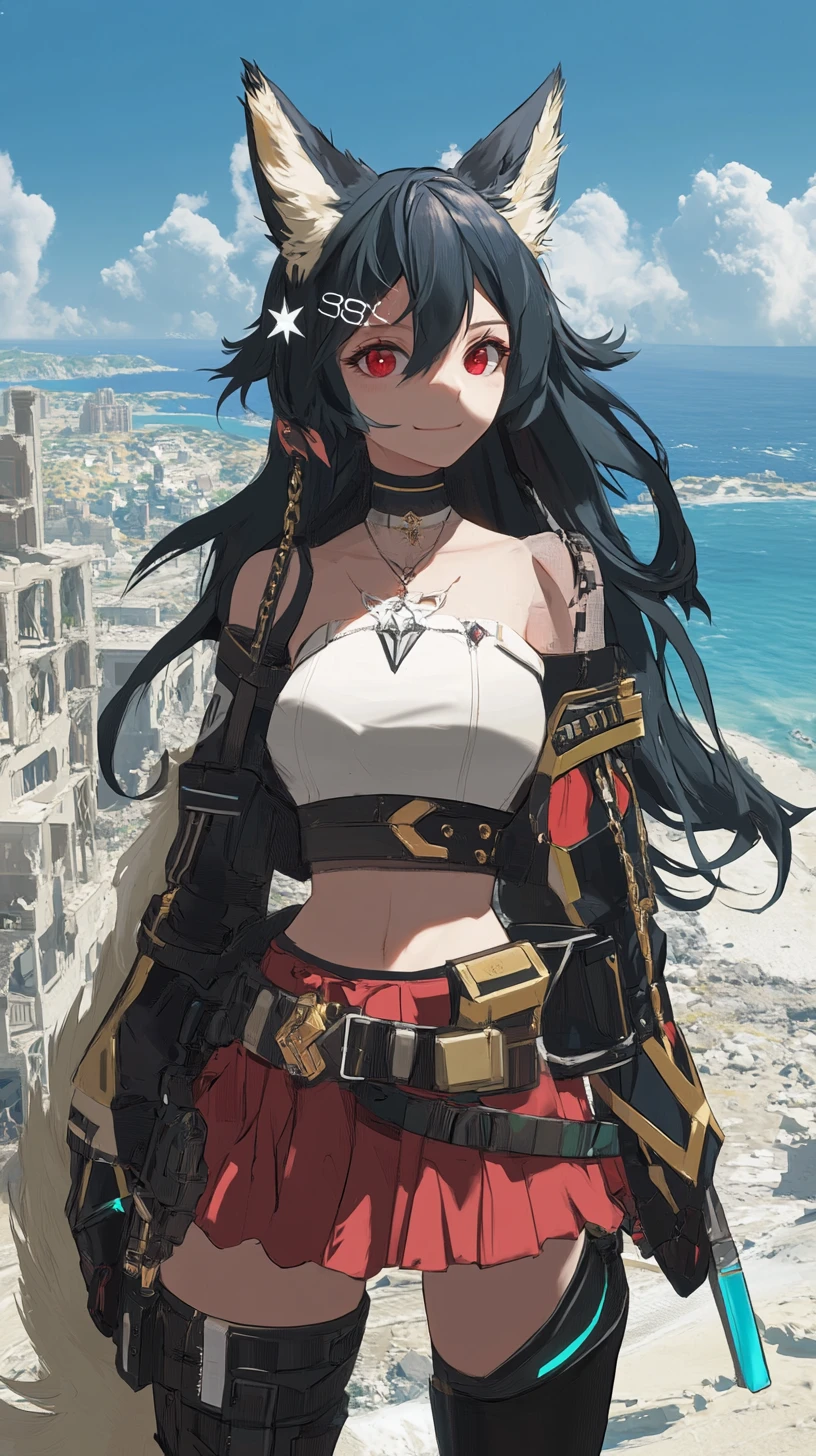 Angry anime girl at ruined harbor with futuristic sword
