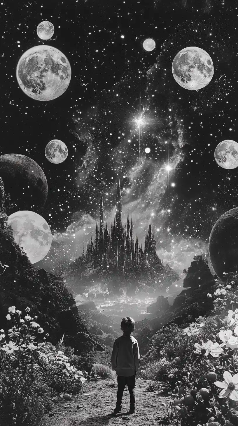 Child Touching A Cosmic Fantasy Creature Under Multiple Moons