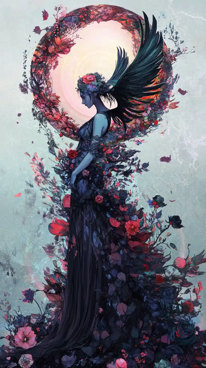 Surreal woman fused with raven wings and floral architecture
