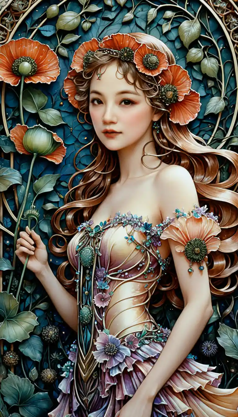 Joyful flower fairy beside a towering poppy blossom