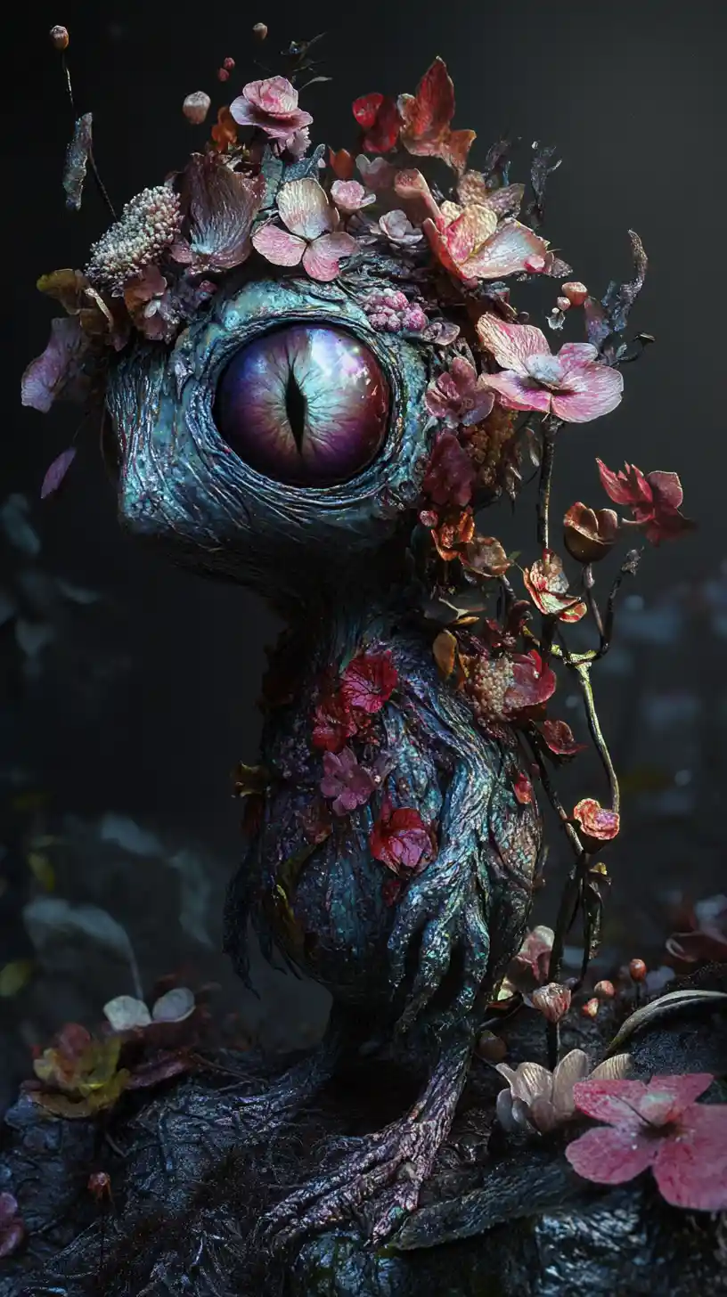 Mutant creature consumed by invasive blooming flowers