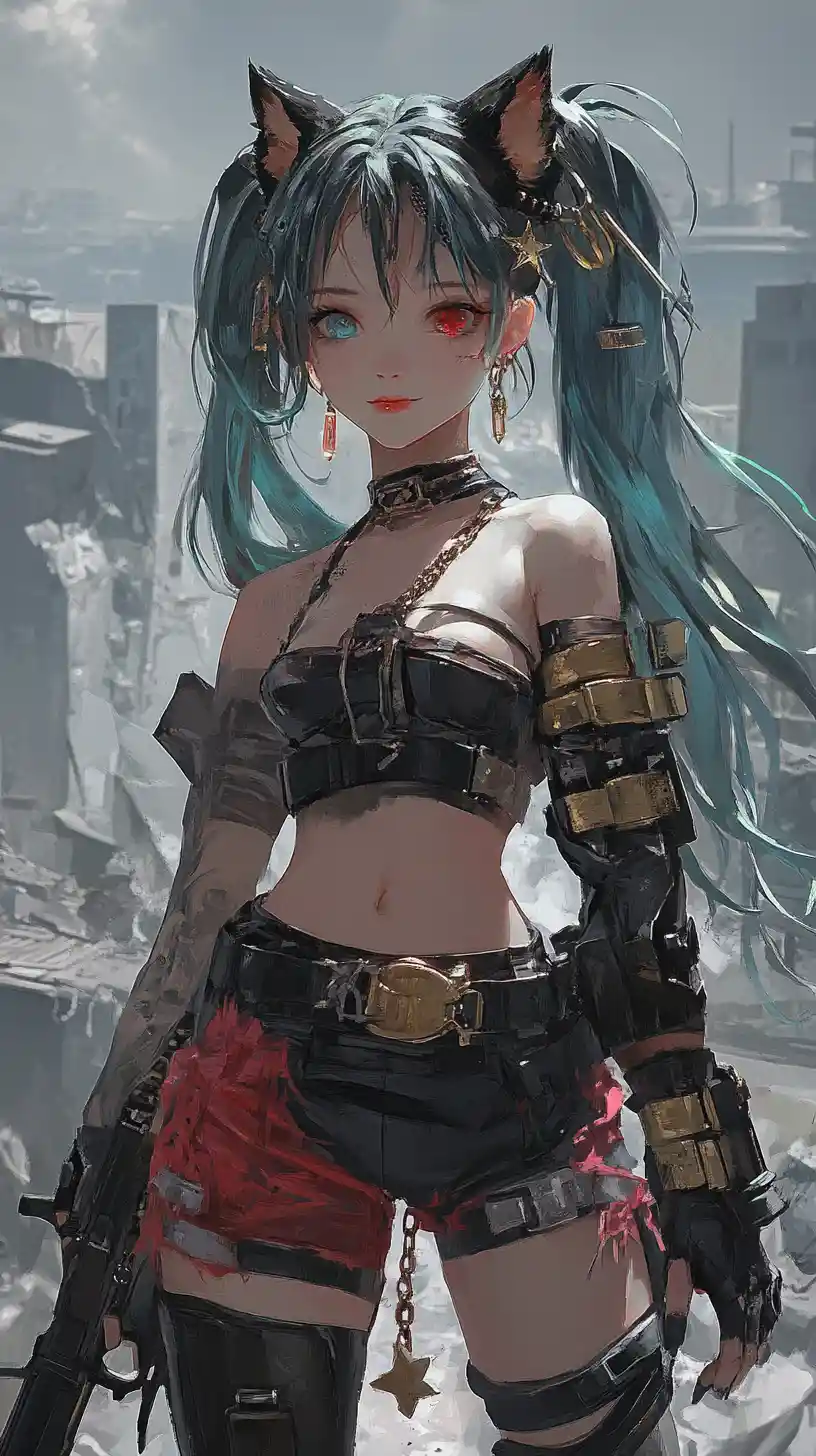 Angry anime girl in ruins above a dark harbor