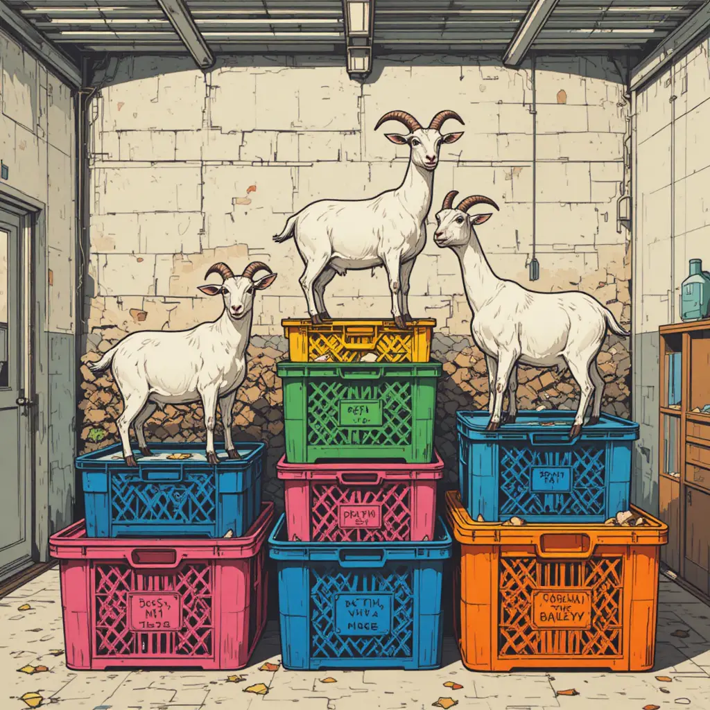 Goats Balancing On Colorful Crates In A Bright Graphic Garage