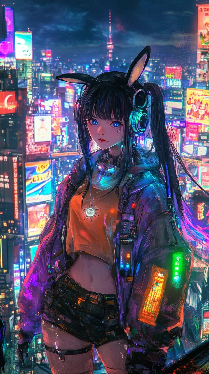 Chica de anime en parque de azotea de ciudad cyberpunk neón