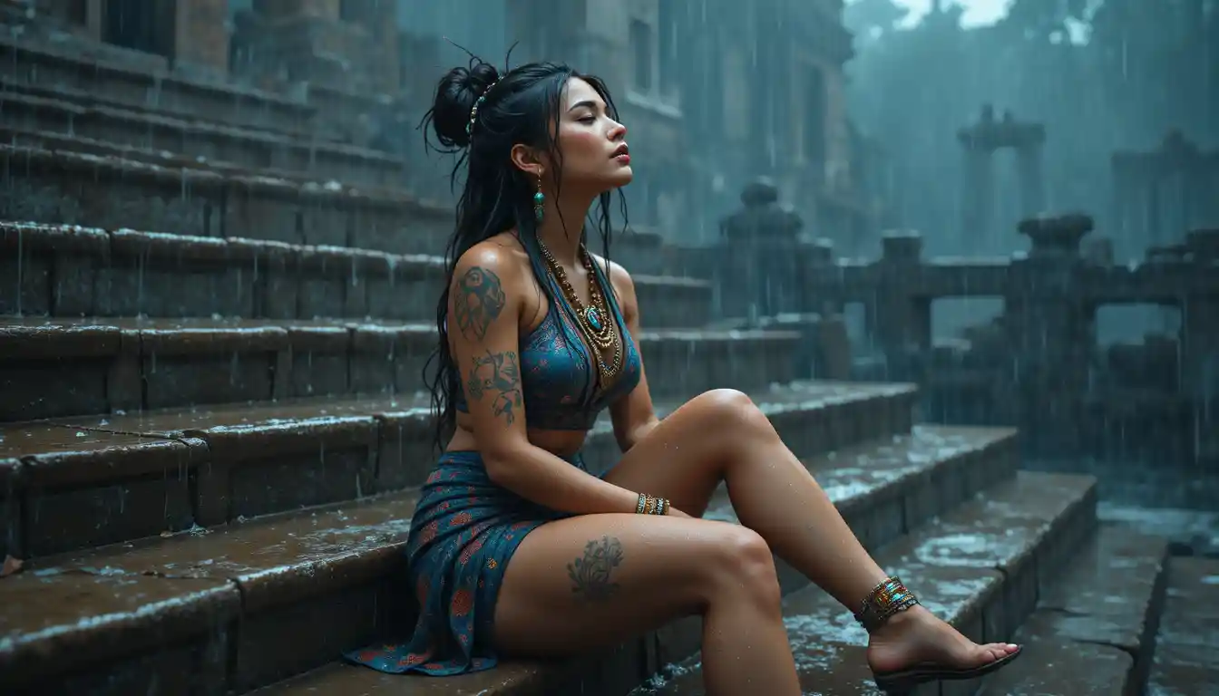 Woman on stone steps in rain with cinematic lighting