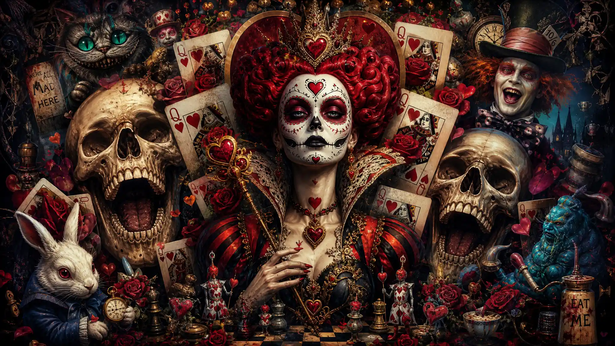 Surreal queen of hearts with sugar skull face and cards