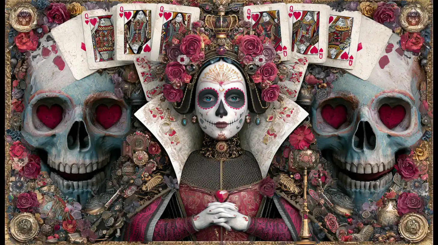 Surreal queen of hearts with sugar skull face and cards