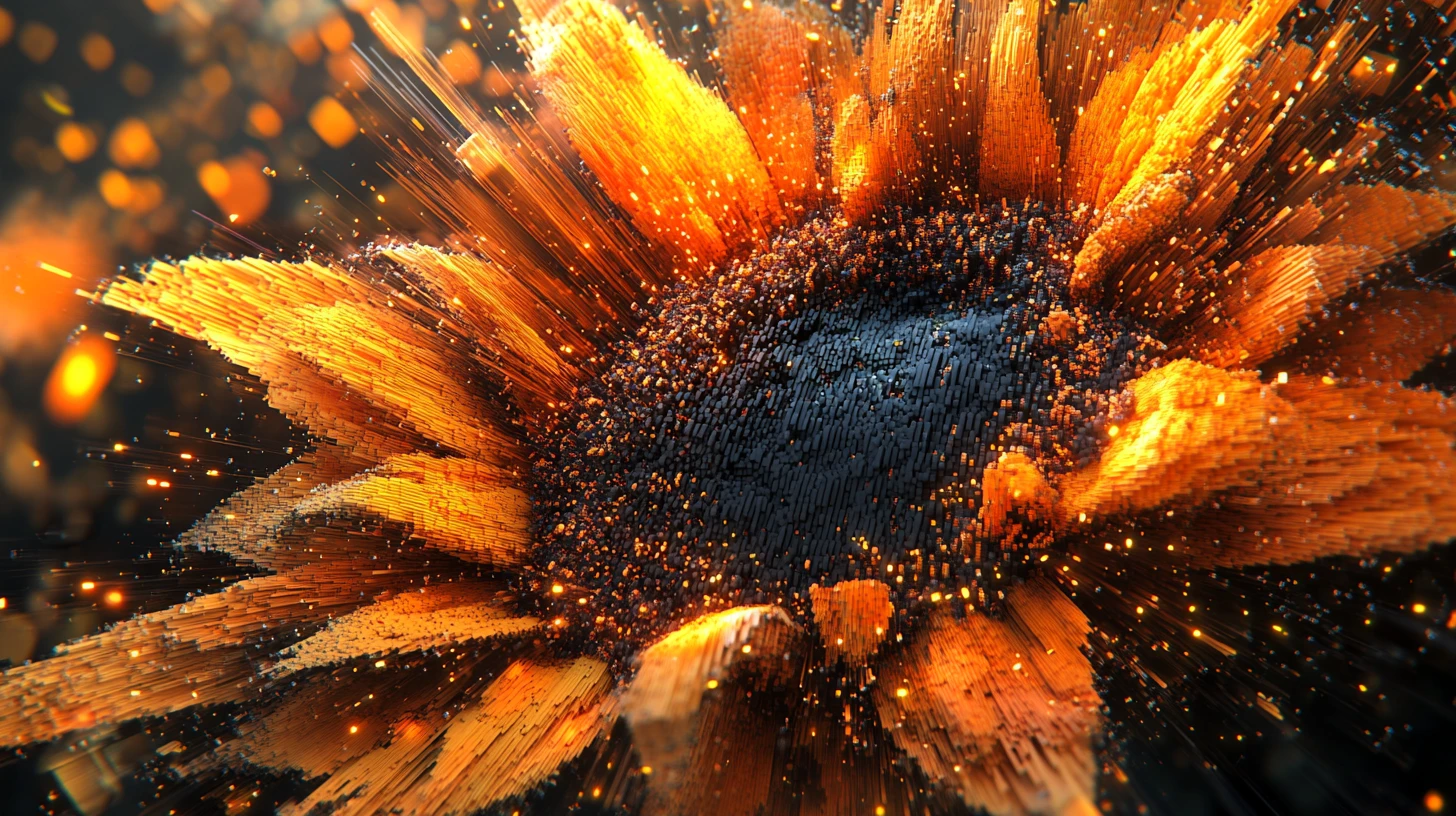 Sunflower Exploding Into Voxel Fragments And Linear Streaks