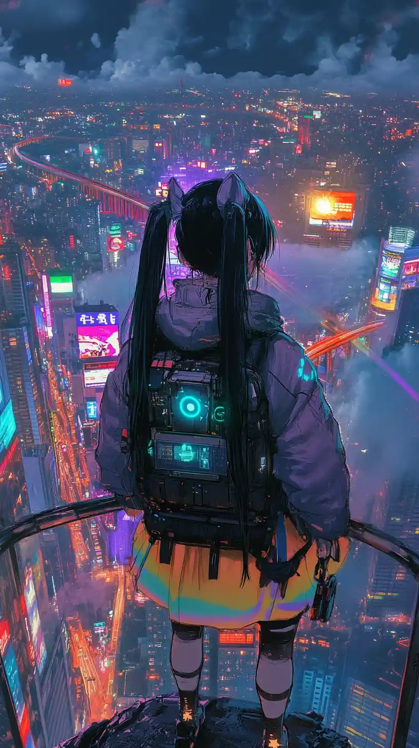 Anime girl in neon cyberpunk city rooftop park at night