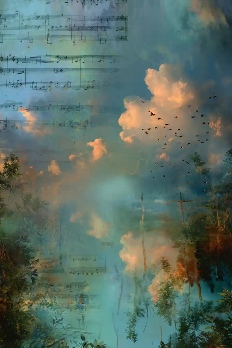 Surreal dreamscape blending nature forms with musical elements