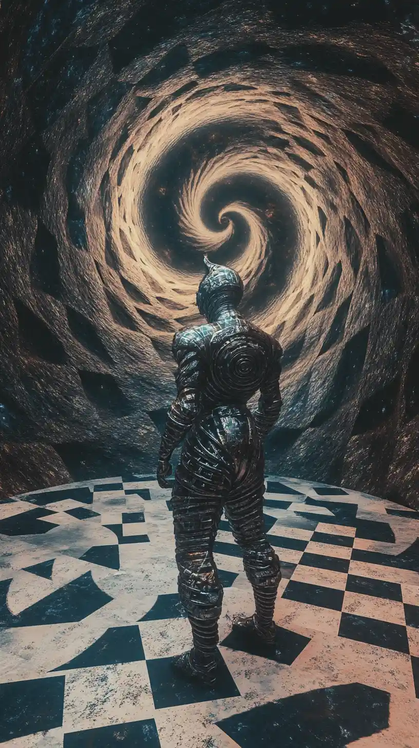 Humanoid guardian towering before a spiraling vortex portal