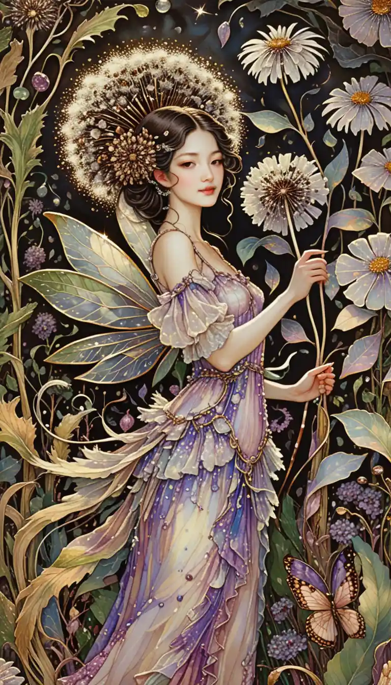 Joyful flower fairy beside a towering dandelion bloom