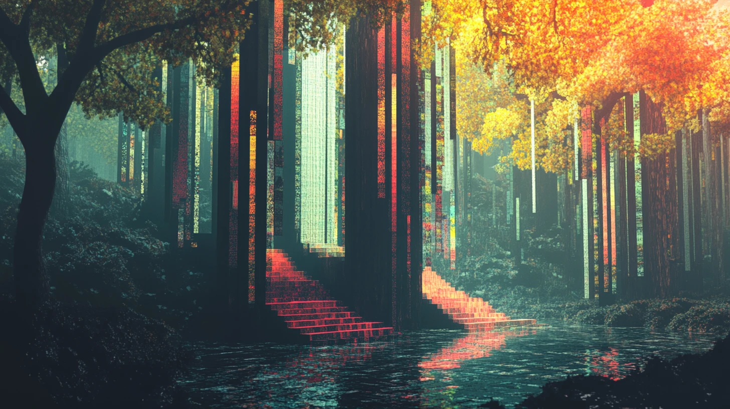Surreal Forest Of Staircase Trees And Voxel Canopy