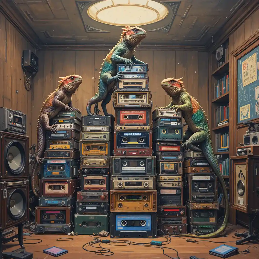 Bearded dragons climbing cassette towers in a retro media room