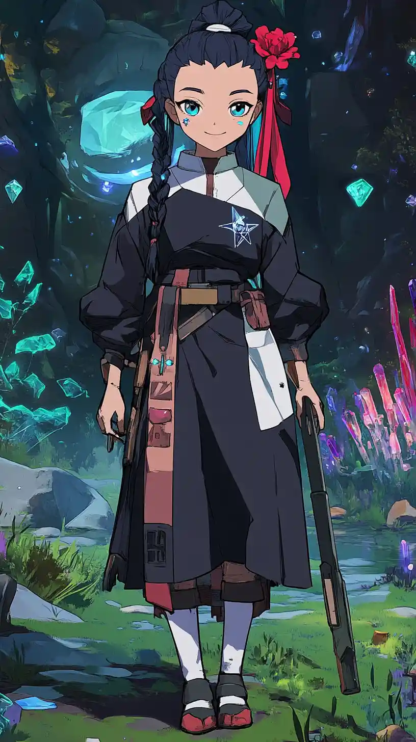 Smiling fantasy girl in black coat walking through crystal field