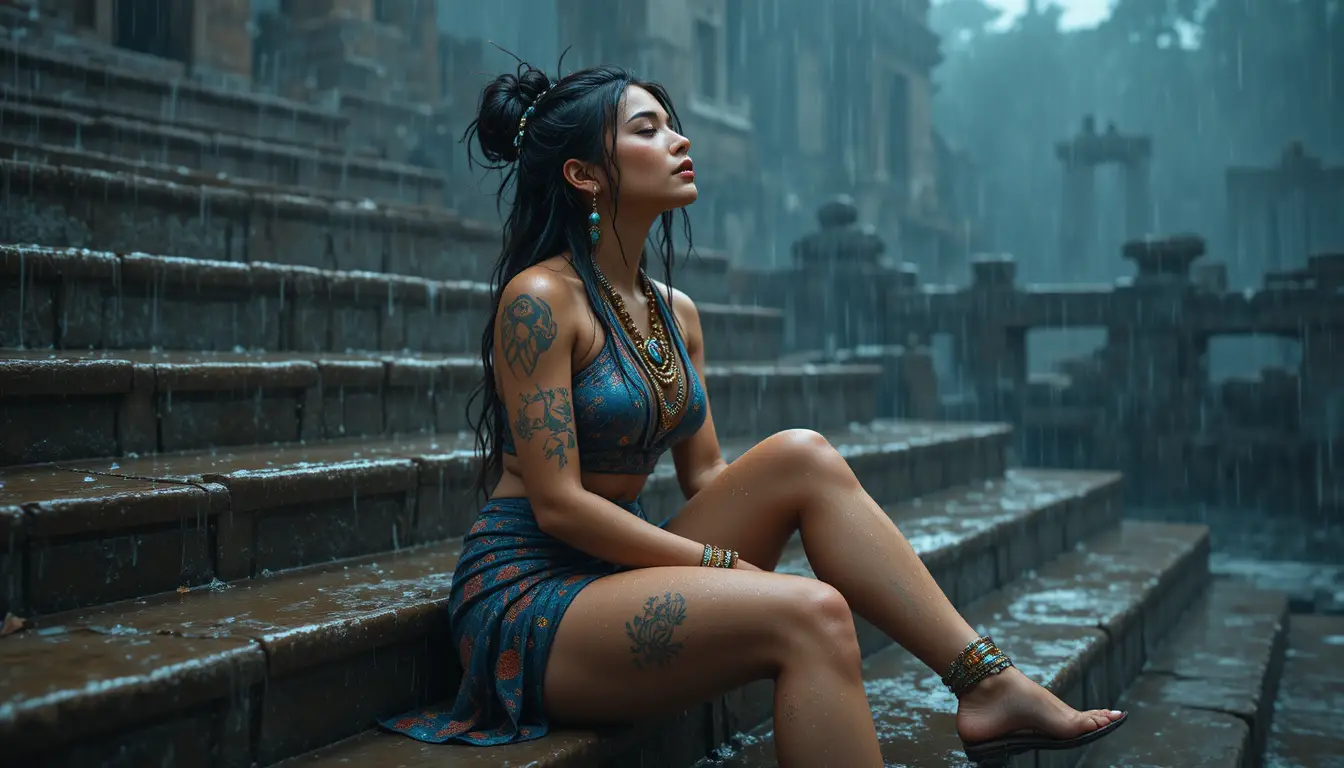 Woman on stone steps in rain with cinematic lighting