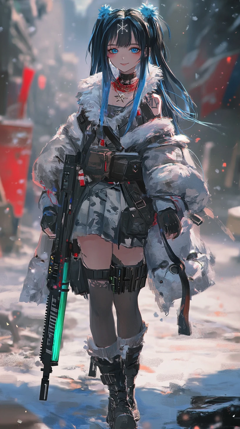 Ragazza anime con amuleto a stella in zona di guerra futuristica