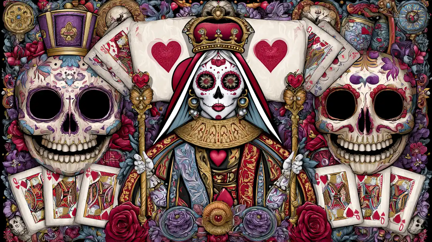 Surreal queen of hearts with sugar skull face and laughing skulls