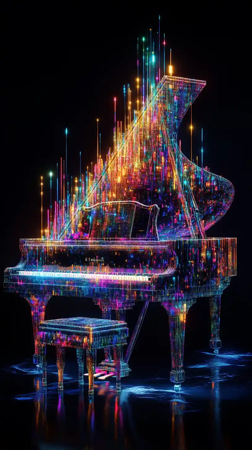 Grand piano dissolving into colorful abstract voxel sound waves